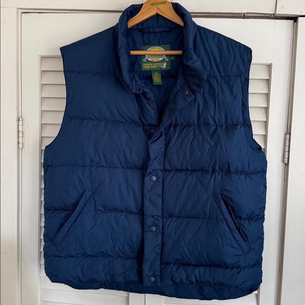 Cabelas Premier Northern Goose Down Puffer Vest Mens Size L Blue